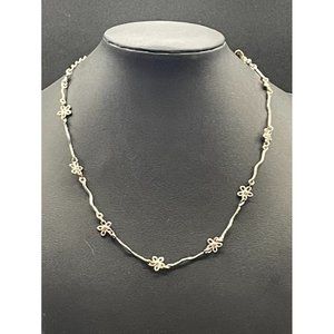 After Thoughts Silvertone Wavy and Flowers Necklace Length 16 Inches